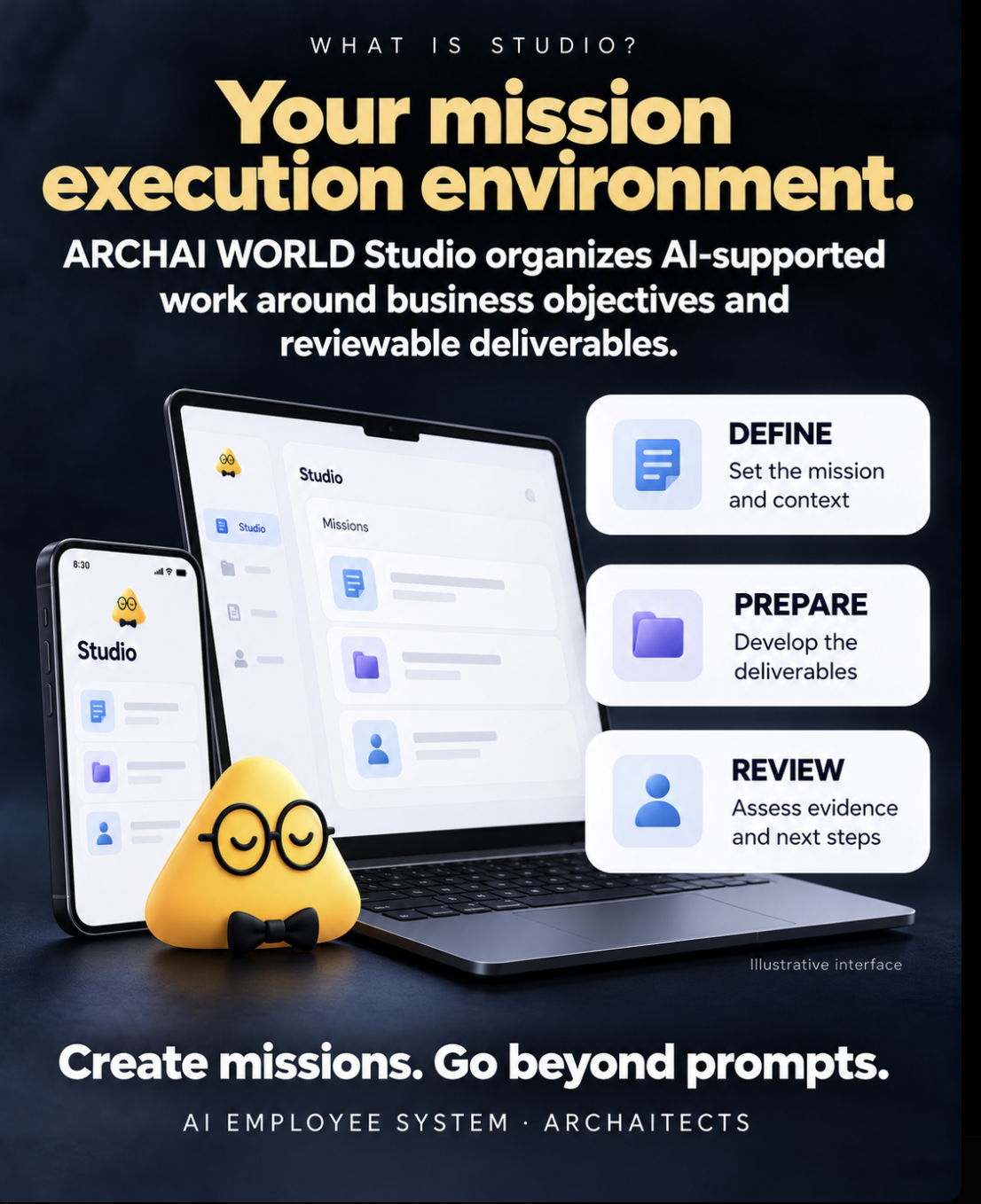 Campaign poster: What is Studio? ARCHAI WORLD Studio organizes AI-supported work around business objectives and reviewable deliverables, shown across laptop and phone with Define, Prepare, and Review steps.