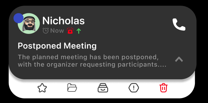A summary card showing a call from Nicholas with emergency and tone indicators, summary title, and action buttons