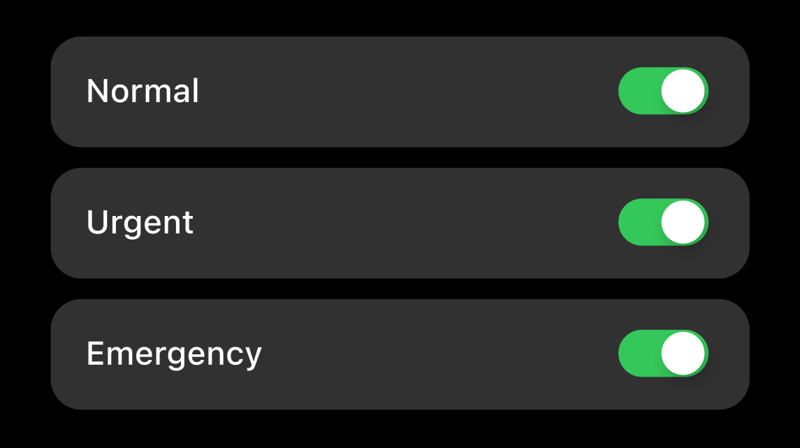 Three urgency level toggles: Normal, Urgent, and Emergency — all enabled with green switches