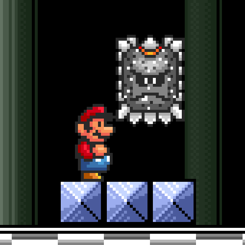 Mario facing a Thwomp
