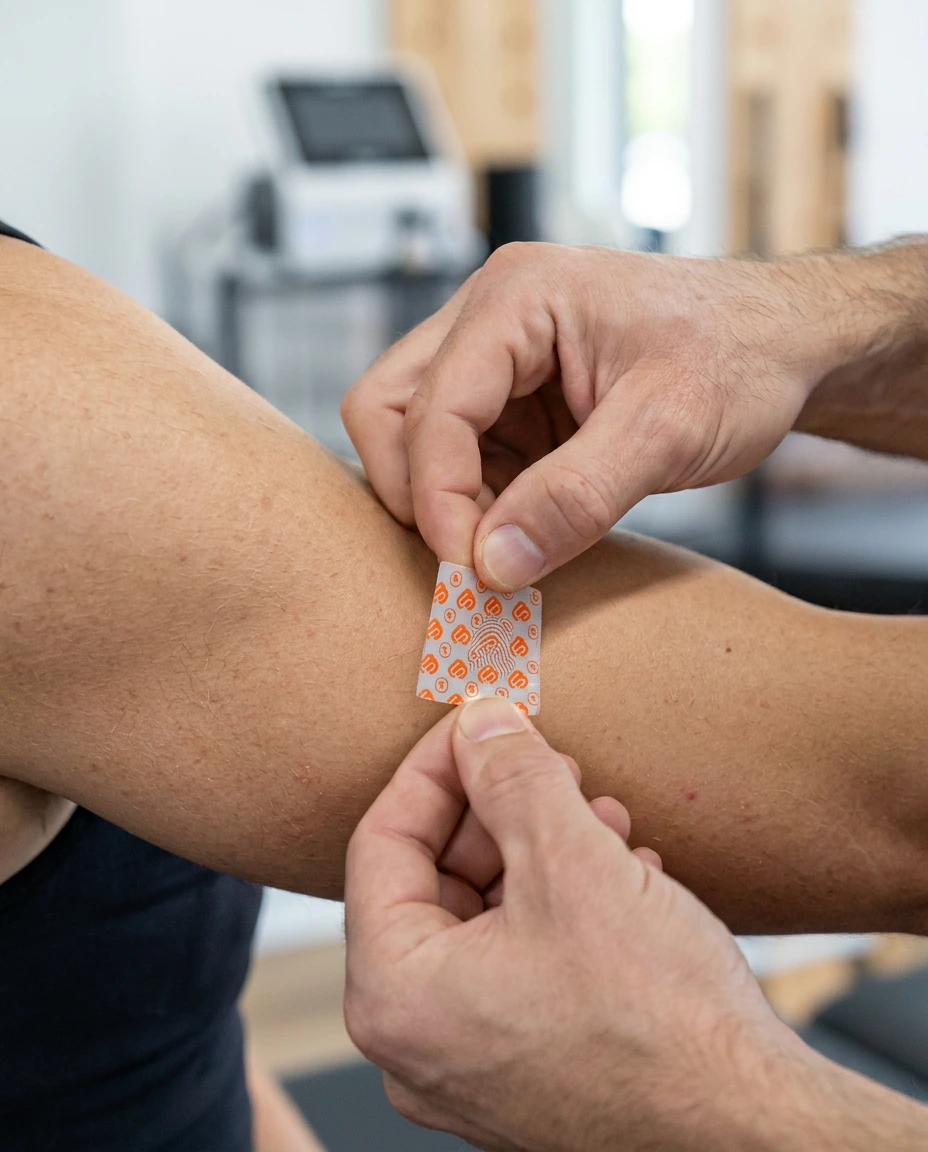 A SuperPatch being applied to a patient's knee during a clinical visit