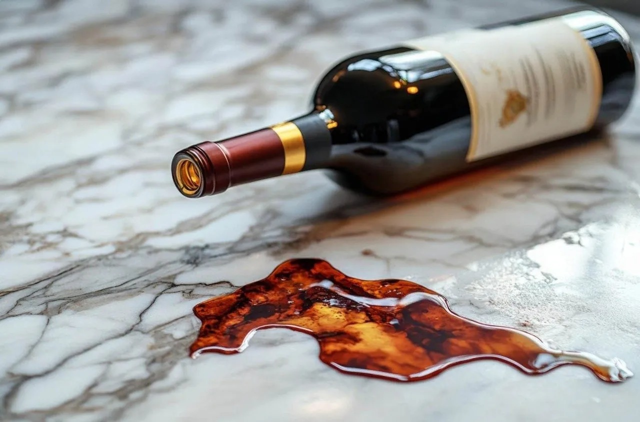 Wine spill on marble countertop illustrating the need for surface protection film
