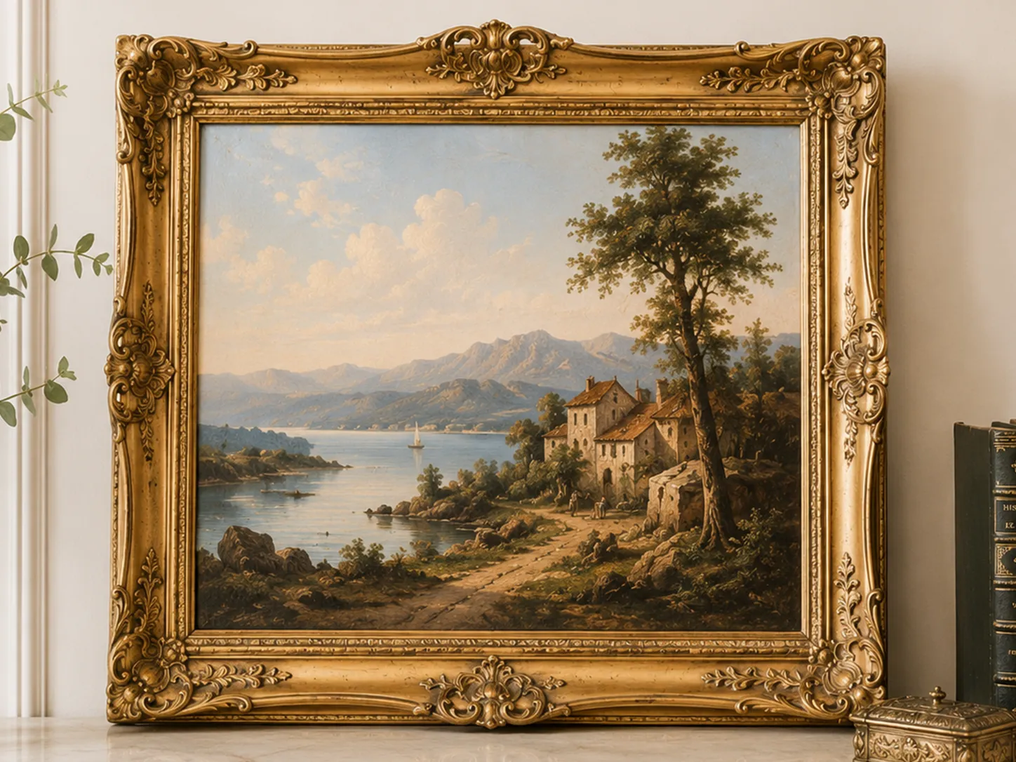 Tableau ancien représentant un paysage lacustre dans un cadre doré sculpté