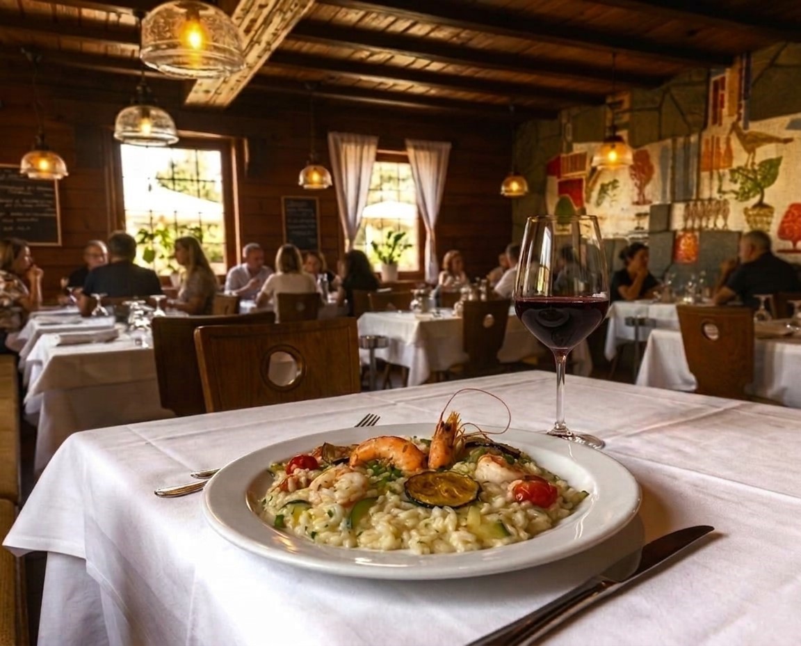 Risotto dish with shrimp and wine in restaurant setting