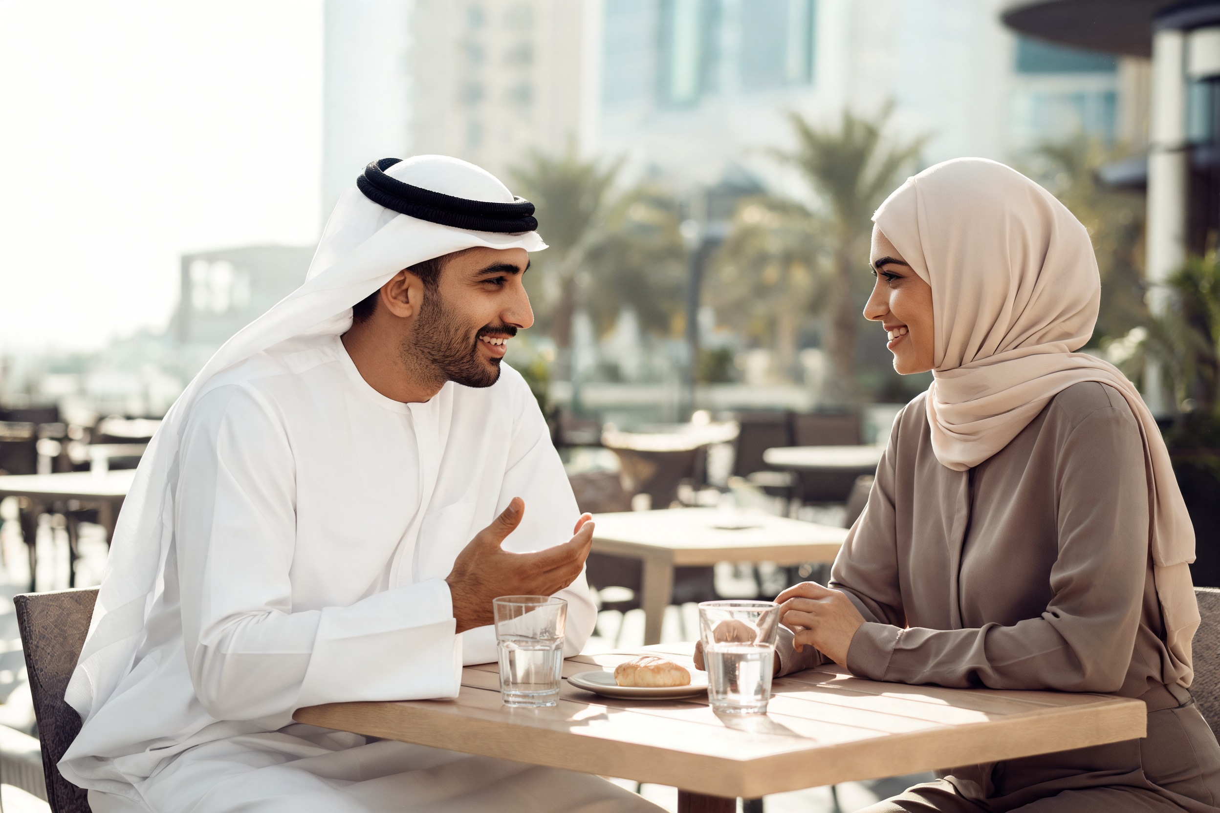 A UAE couple talking warmly over coffee at an outdoor café in daylight