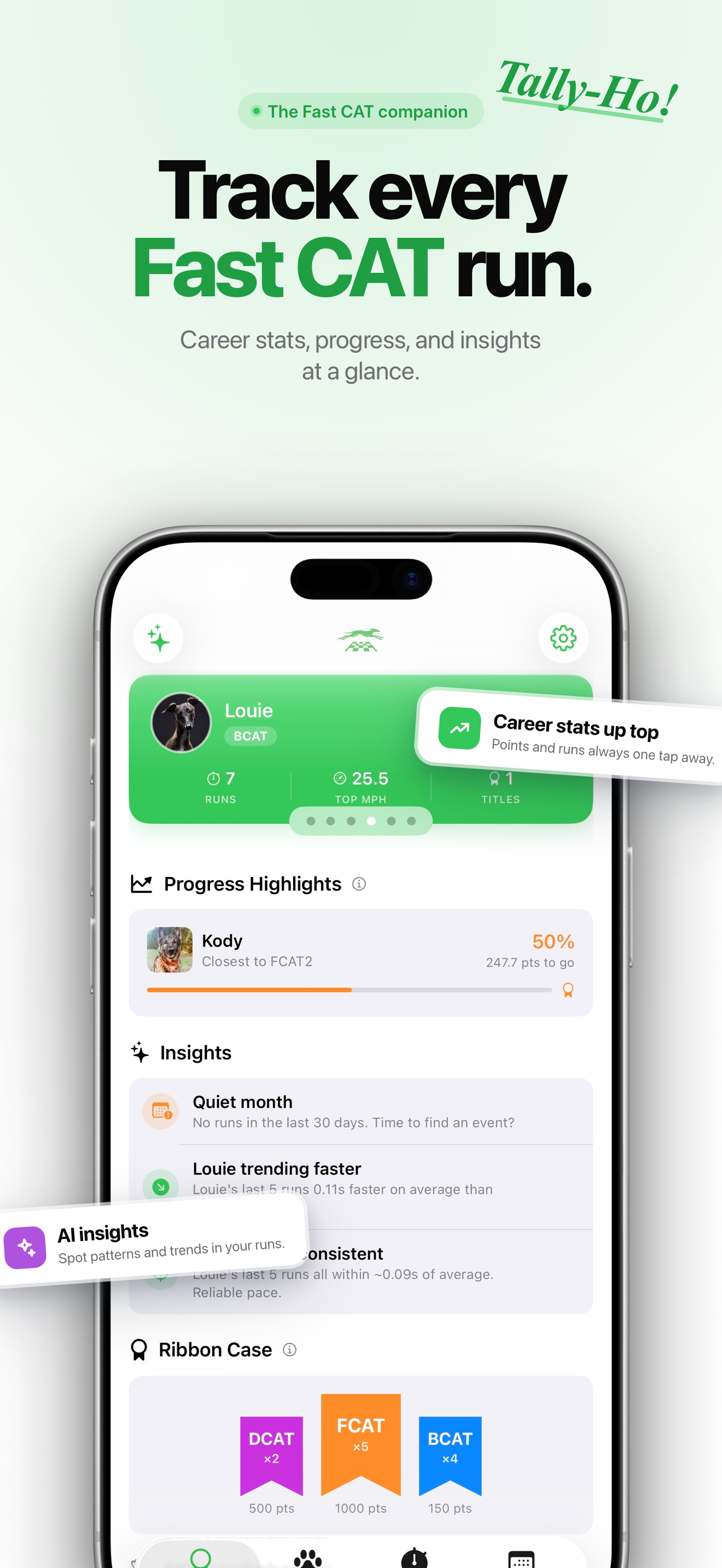 TallyCAT home screen showing career stats and insights
