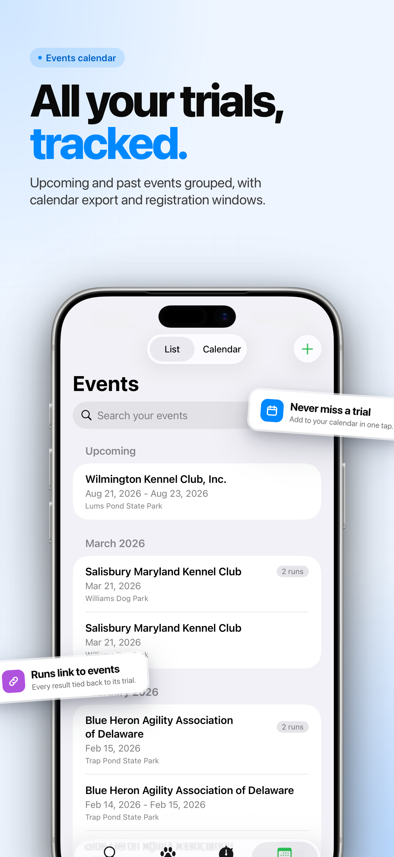 Events calendar with upcoming trials