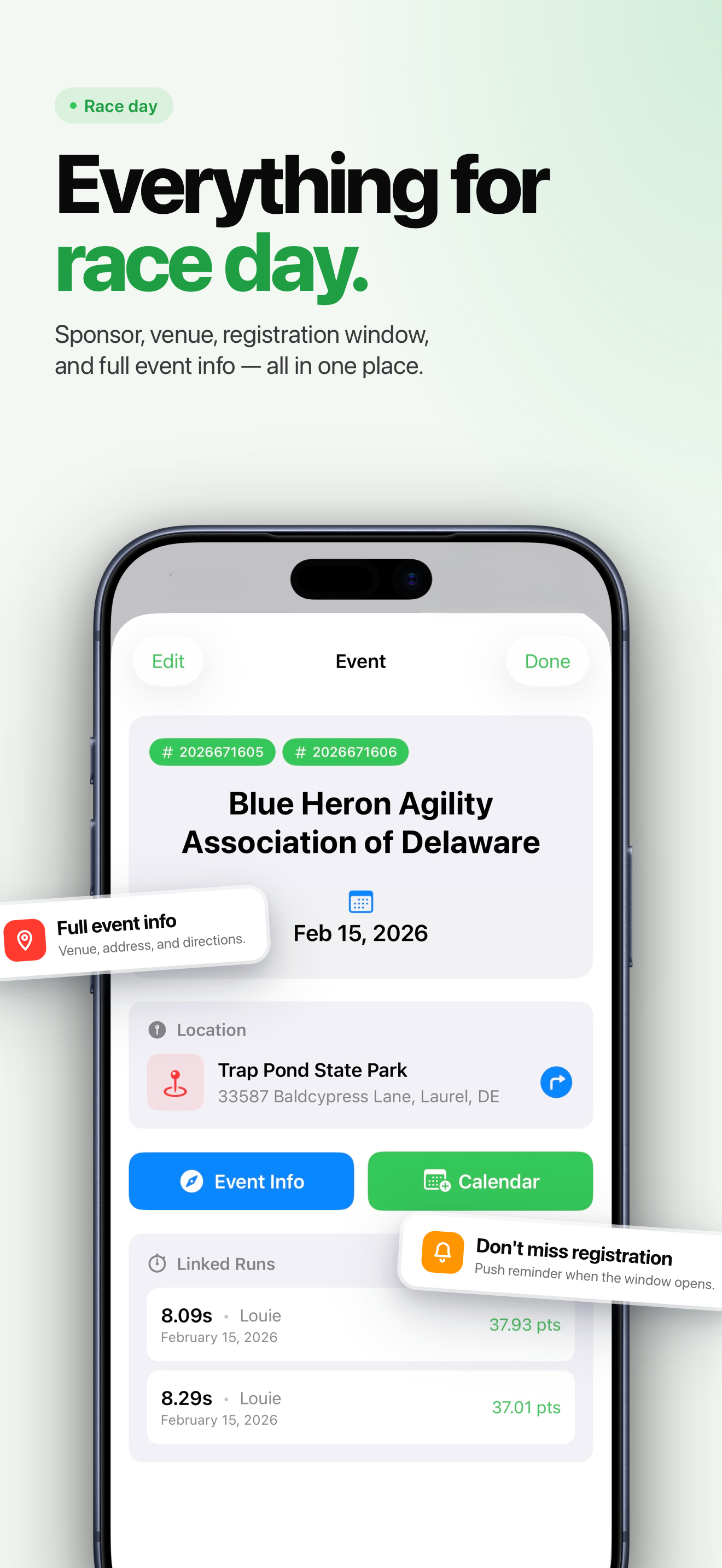 Event detail page with venue and linked runs