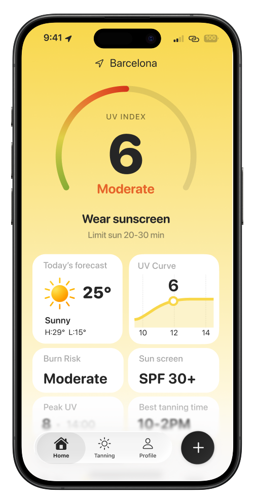 Tanlie app showing Real-Time UV Tracking