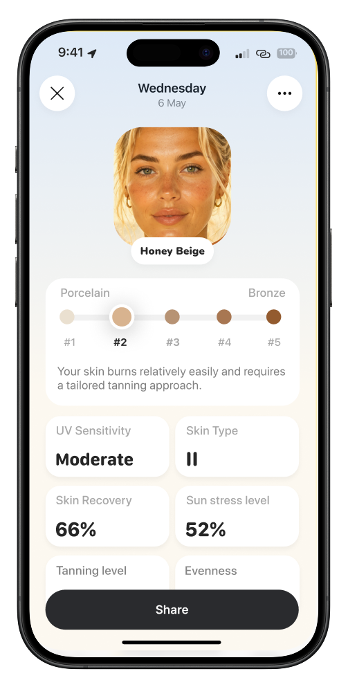 Tanlie app showing Scan your skin. Get your tanning plan.