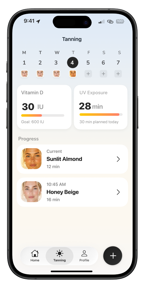 Tanlie app showing Tanning Diary