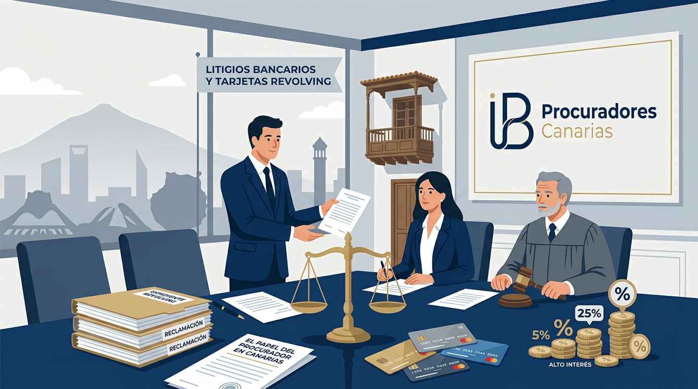 Reunión jurídica sobre litigios bancarios y tarjetas revolving con análisis de tipos de interés en Canarias.