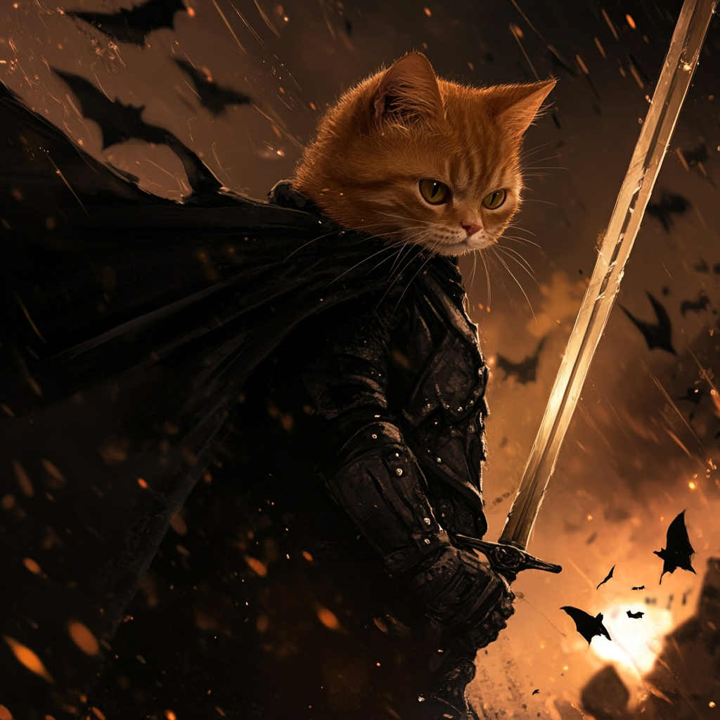 Cat as Batman character with sword