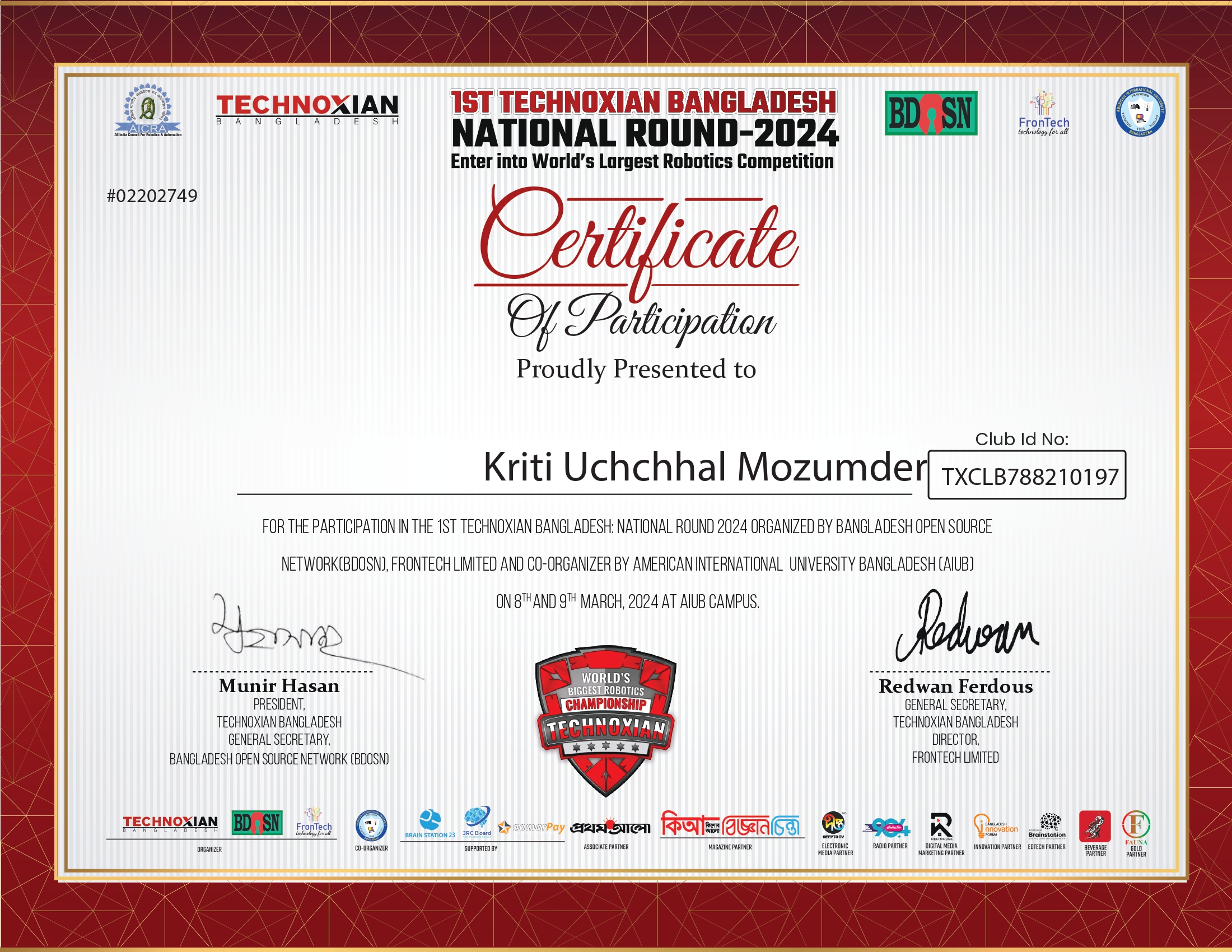 Technoxian Bangladesh National Round-2024 Certificate