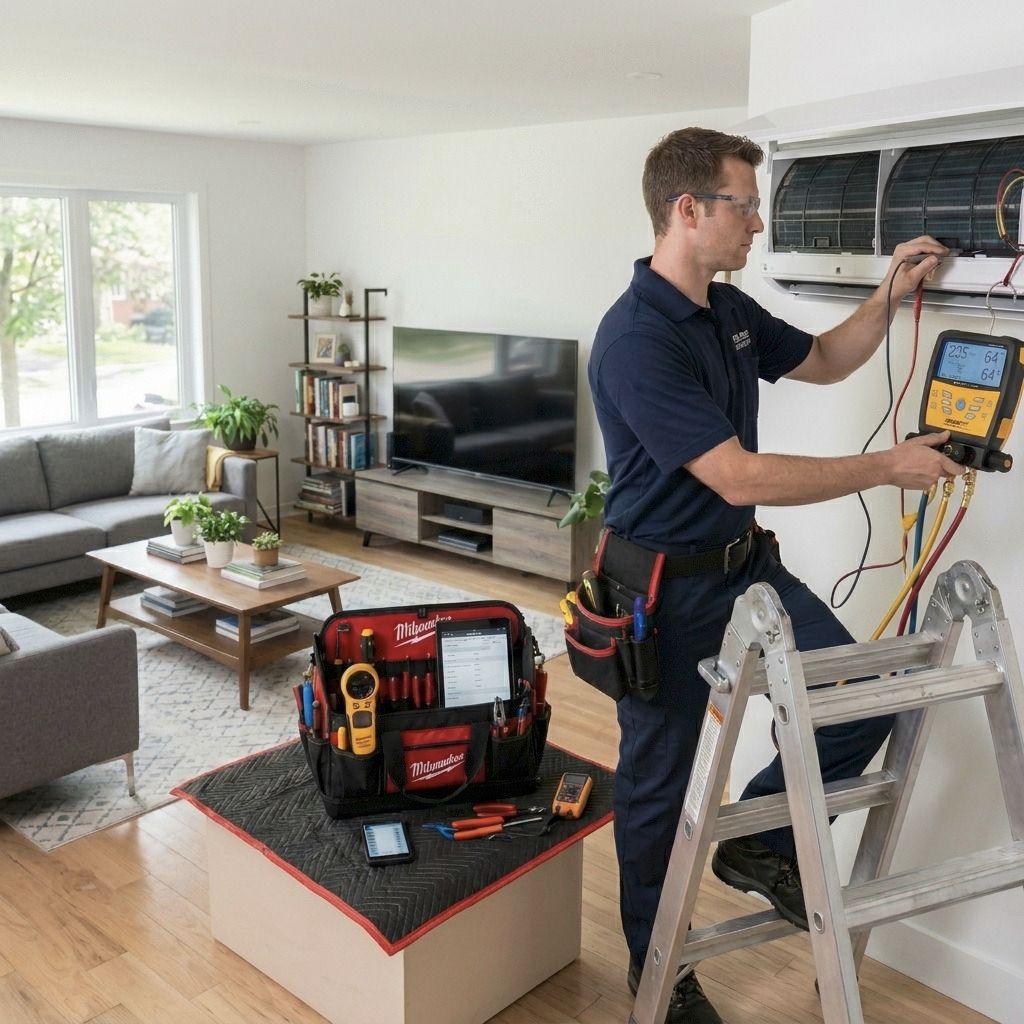 Técnico realizando manutenção em ar-condicionado em uma sala residencial