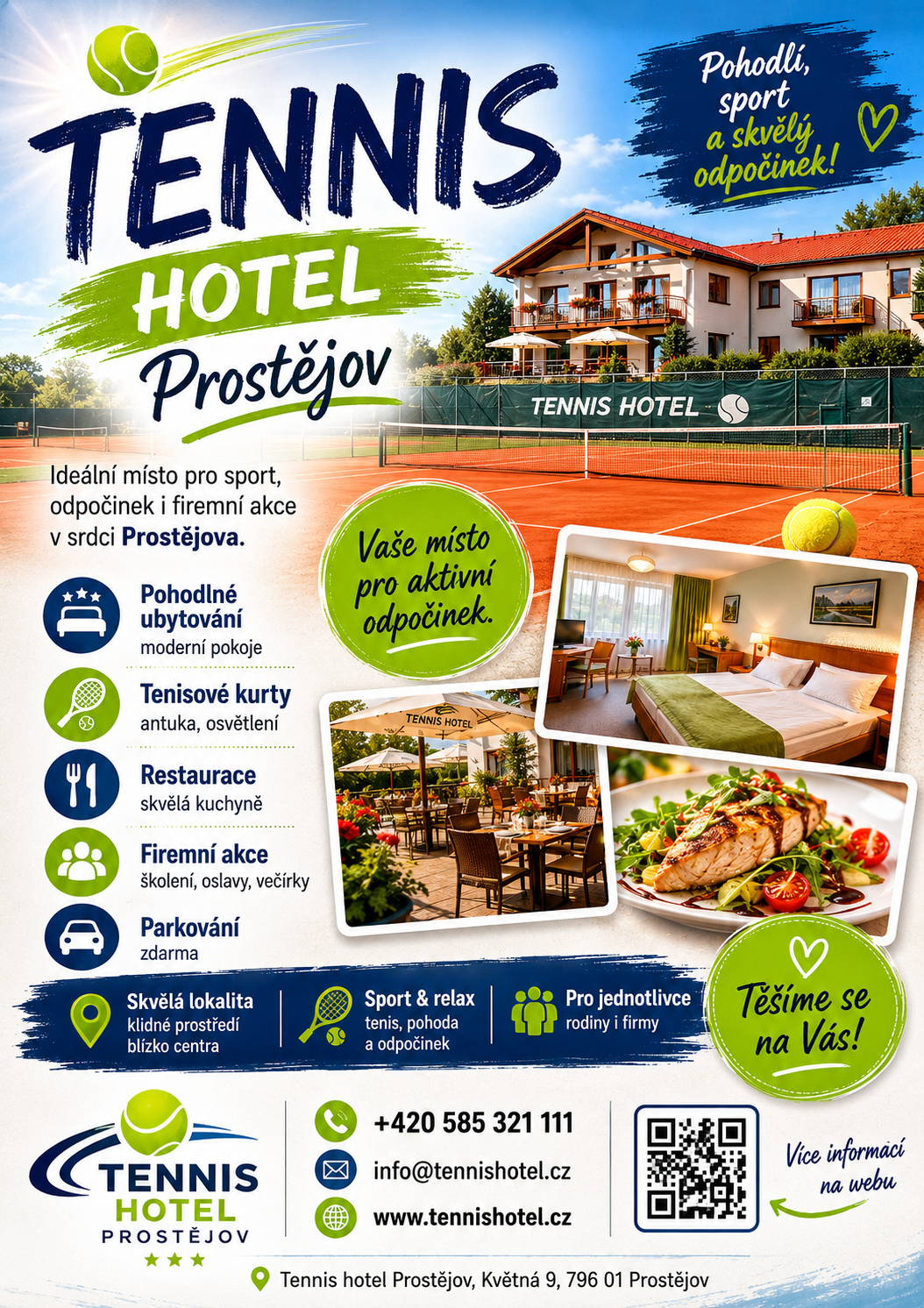 Leták Tennis Hotelu Prostějov — pohodlí, sport a skvělý odpočinek