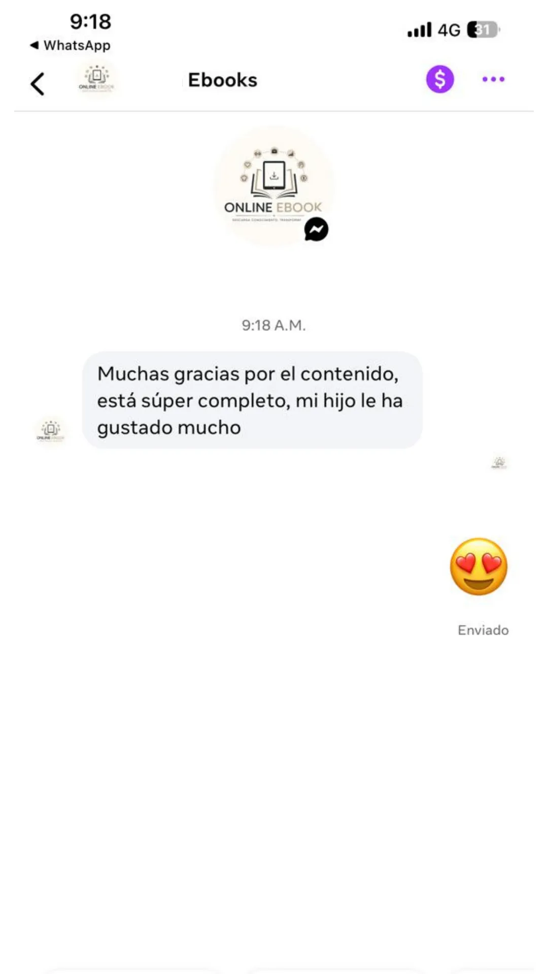 Testimonio WhatsApp — contenido súper completo, al hijo le gustó mucho