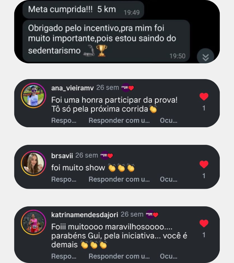 Mensagens e comentários reais de participantes da Corrida do RP