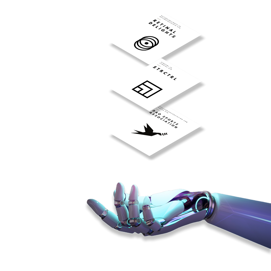 Futuristic robotic hand presenting the three pillars of our platform: Retinal Delights, STRCTRL, and DAO Sports Association