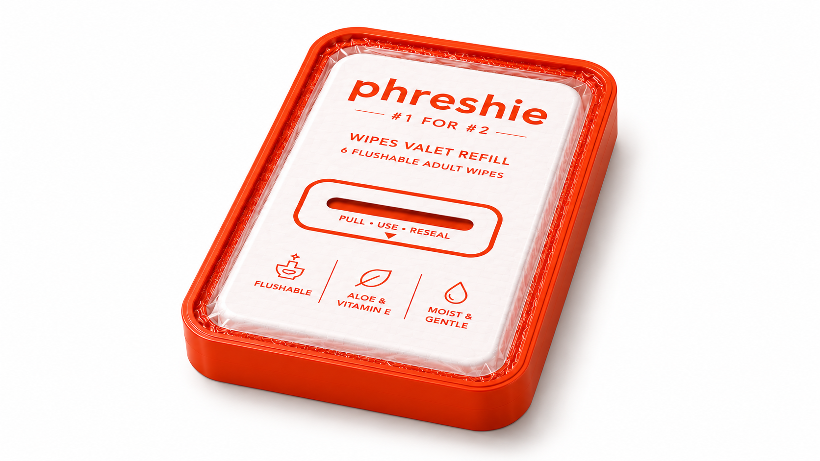 Phreshie Wipes Valet Refill Pack - 6 flushable adult wipes in orange container