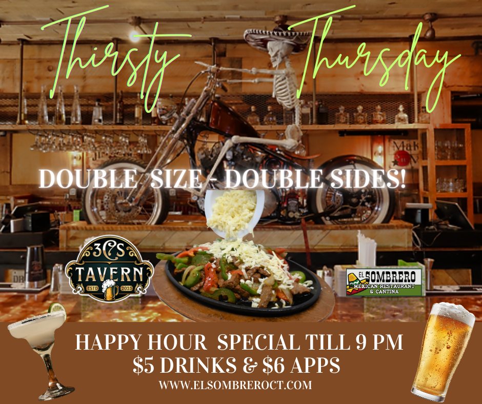 Thirsty Thursday at 3Cs Tavern — Double Size Double Sides, Happy Hour till 9 PM, $5 Drinks & $6 Apps