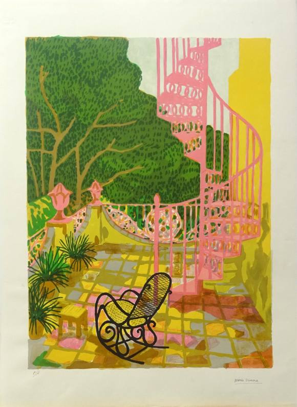 Litografia — escala de caragol rosa i cadira de balanceig