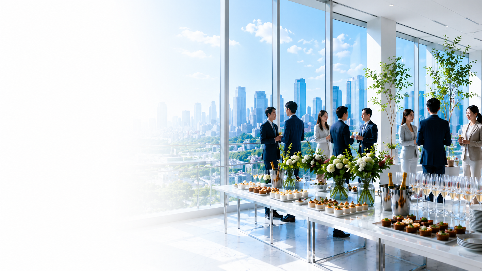 Corporate event catering scene with business professionals