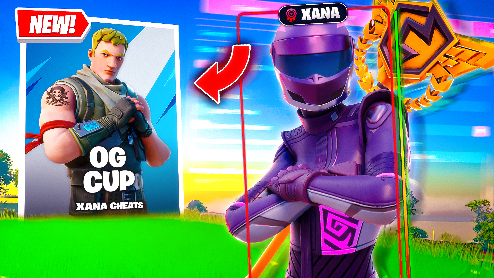 Vibrant Fortnite OG Cup thumbnail with a purple-armored character, a gold pickaxe, an inset character card, and a red arrow.
