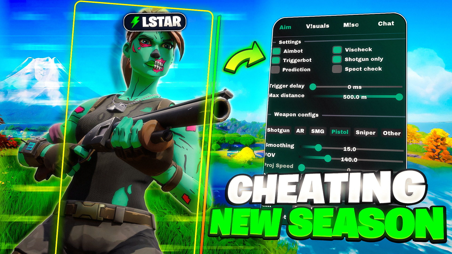 Bright blue Fortnite thumbnail with a green zombie character holding a shotgun, a dark settings panel, and white and green New Season lettering.