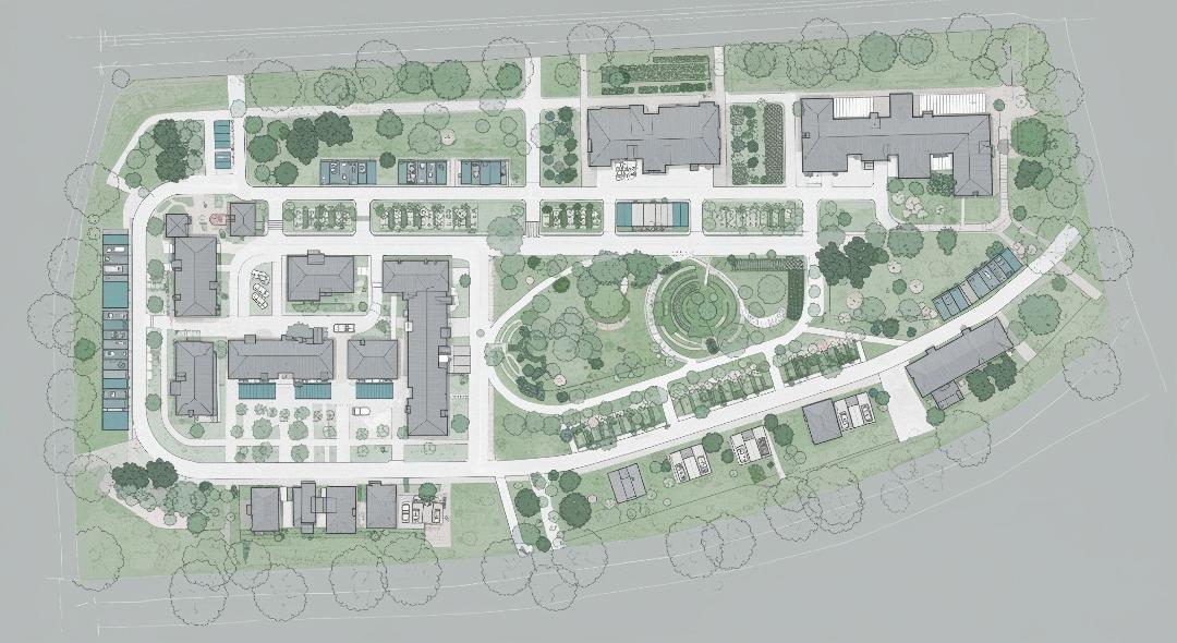 Aerial site plan rendering showing campus landscape design