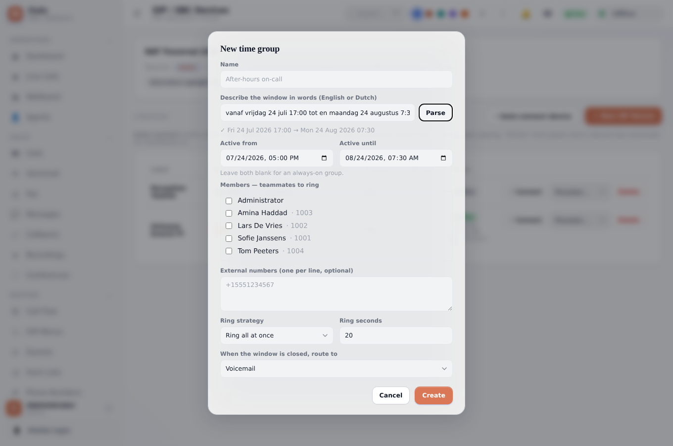 Dialix new time group dialog with natural-language schedule parsing and member selection