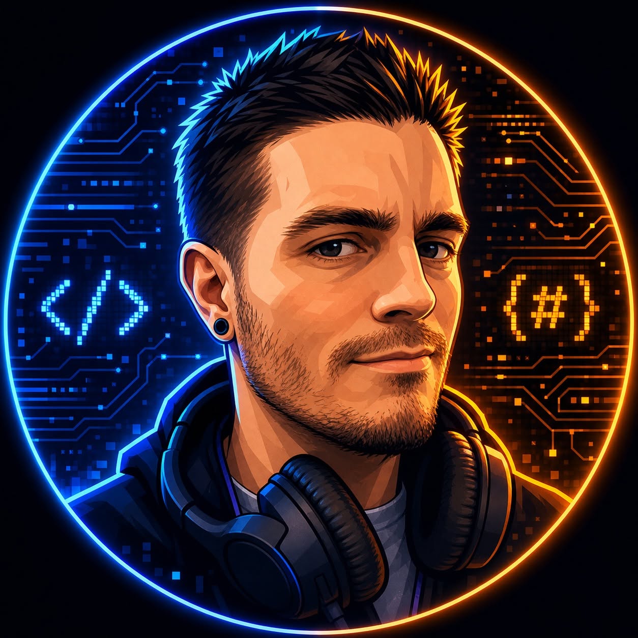 Illustrated cyberpunk portrait of Bert John Carducci surrounded by neon circuitry