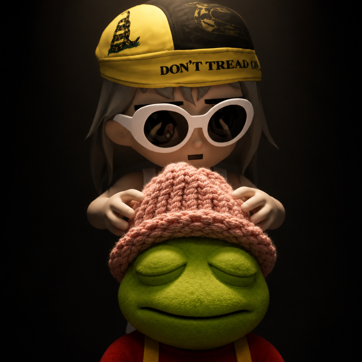 A character placing the pink knitted hat onto the TOADWIF mascot