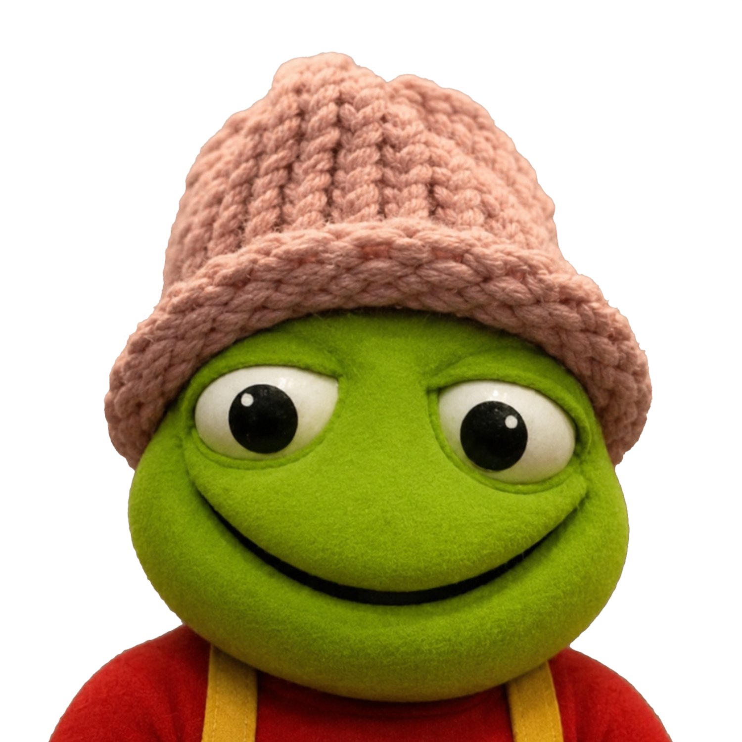 TOADWIF green toad mascot wearing a knitted pink hat