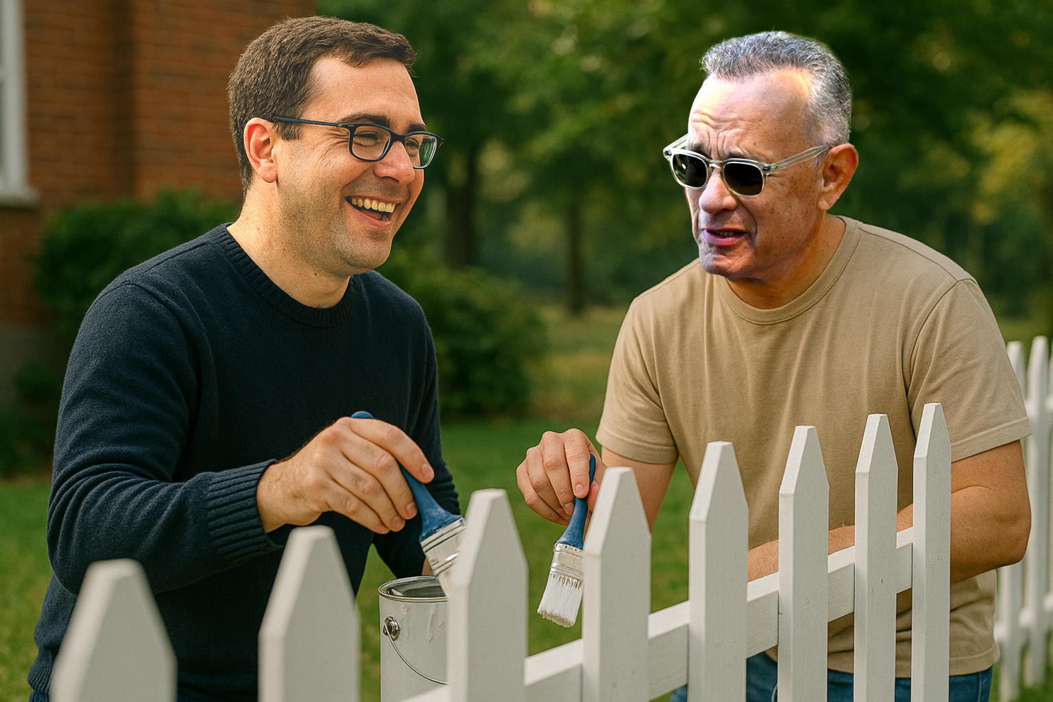 Man painting a white picket fence with Tom Hanks