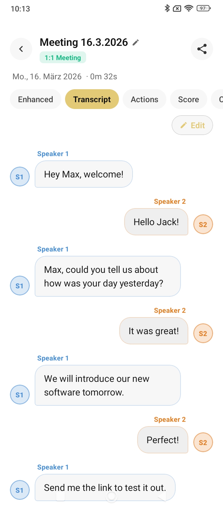 Cerbite Transcript screen showing a 1:1 Meeting conversation with color-coded speaker bubbles - Speaker 1 in blue saying Hey Max welcome and Speaker 2 in orange responding Hello Jack