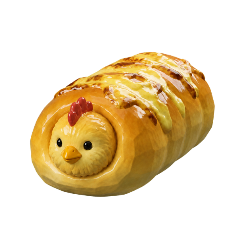 Transparent glossy render of the golden Chicken Baked mascot