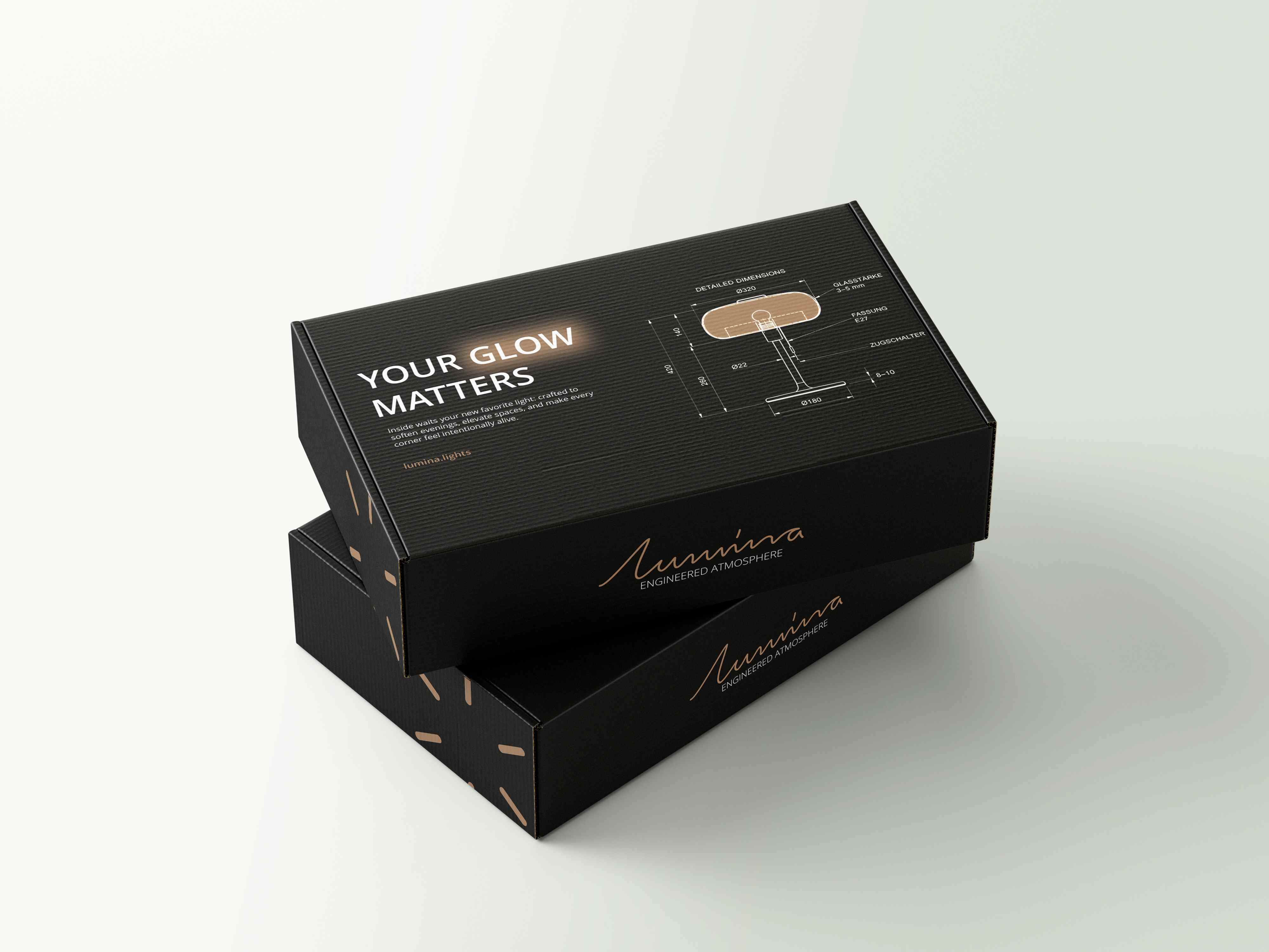 Schwarze Lumina-Versandbox mit Markenlogo und technischen Produktdetails