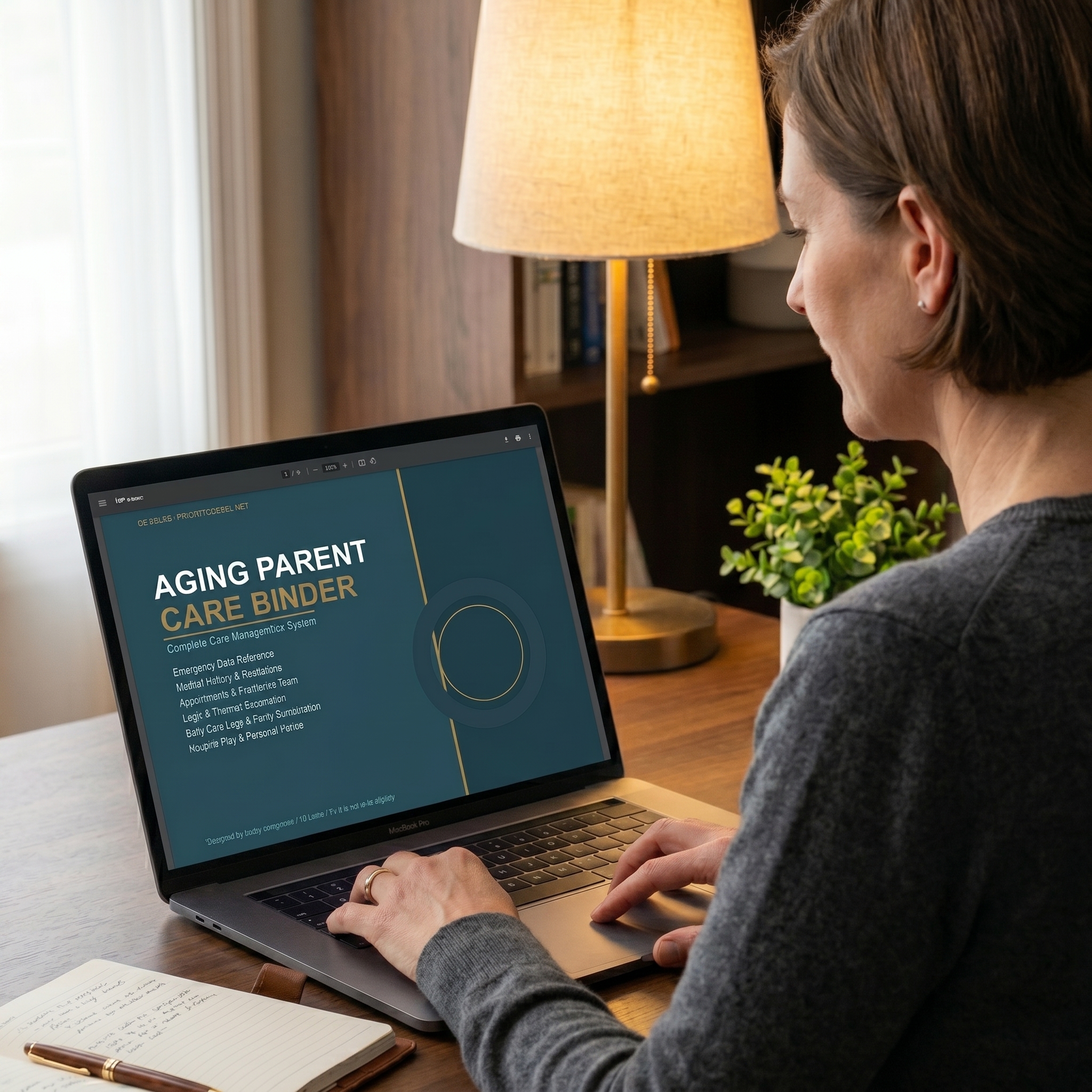 Woman using laptop at home office viewing the Aging Parent Care Binder
