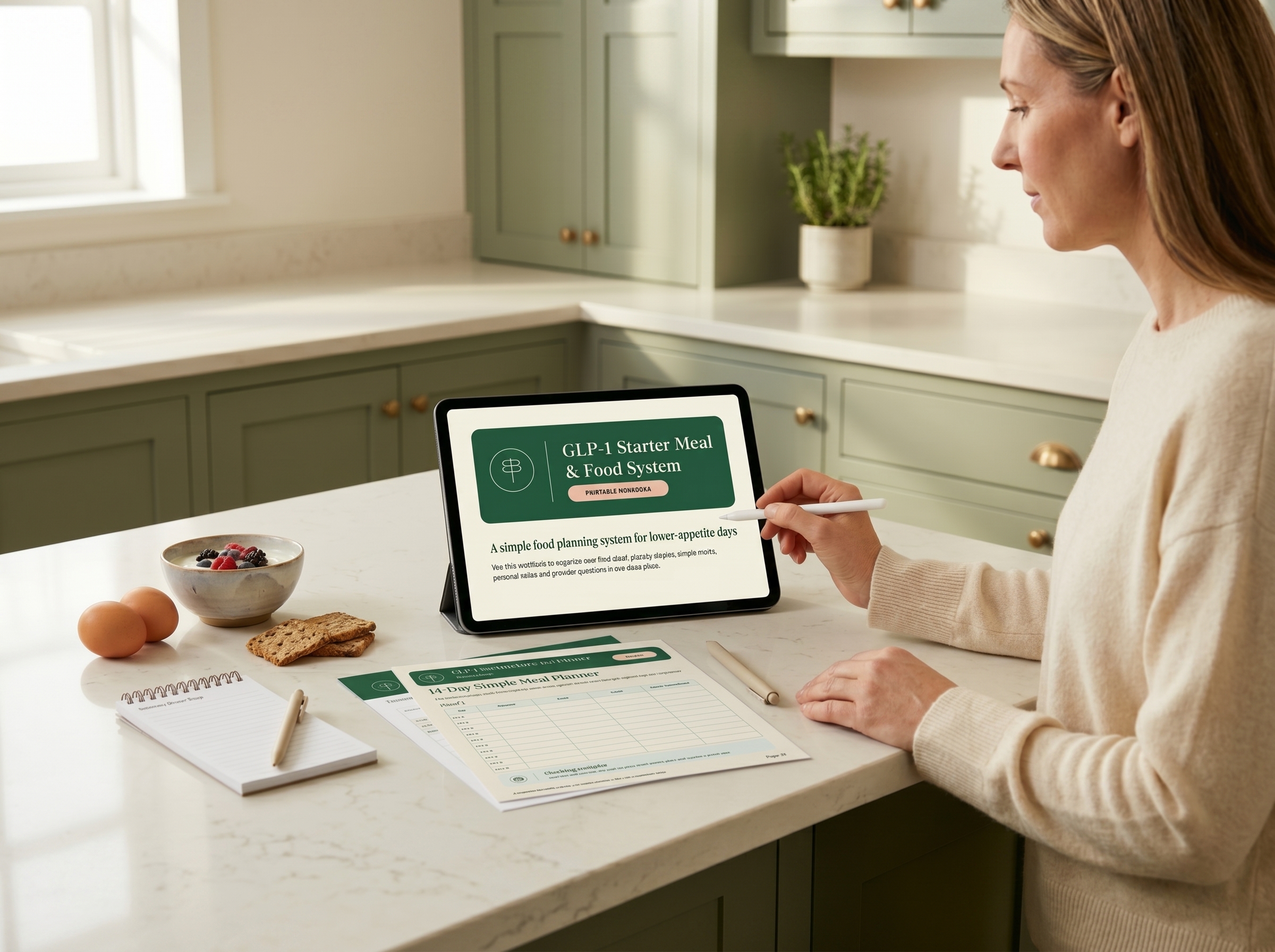 Woman using tablet with GLP-1 grocery list and meal planner in kitchen