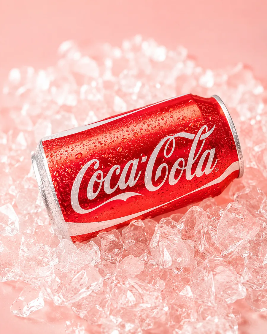 Canette de Coca-Cola fraîche posée sur des glaçons