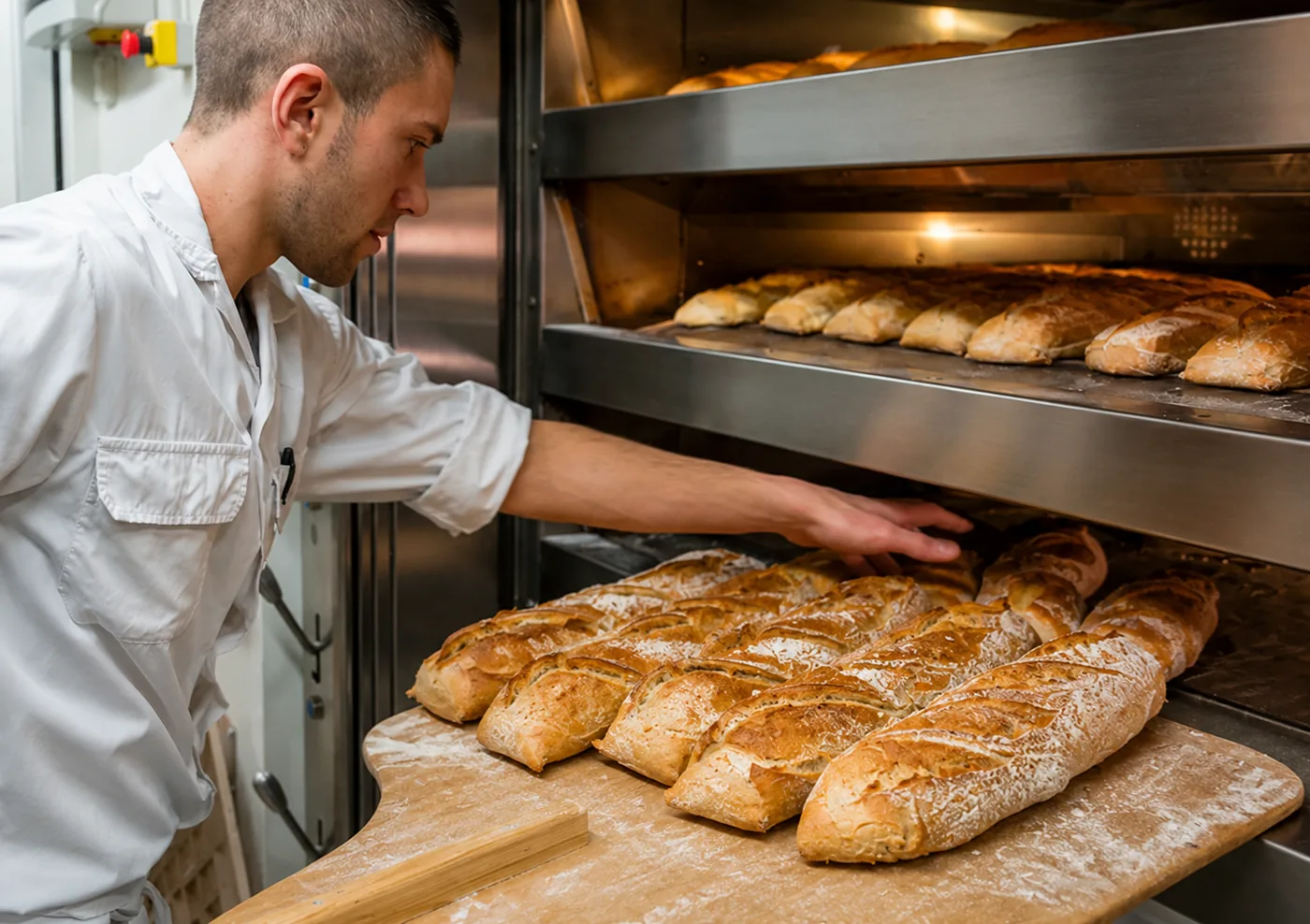 Boulanger tenant plusieurs pains fraîchement cuits
