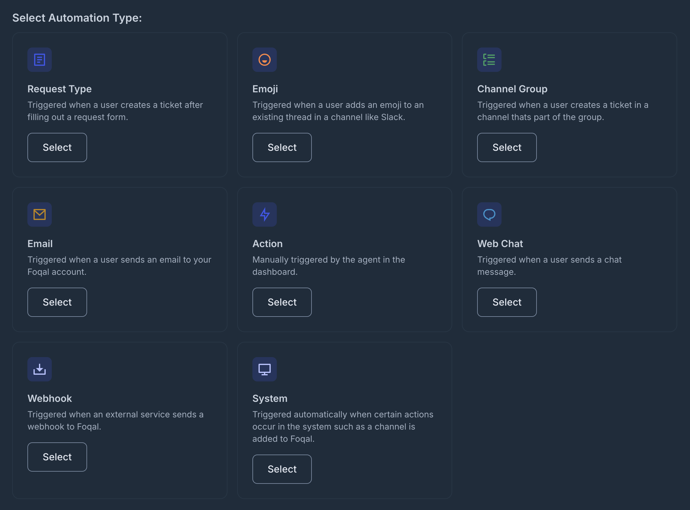 Select automation trigger type - showing options like Request Type, Emoji, Channel Group, Email, Action, Web Chat, Webhook, and System triggers