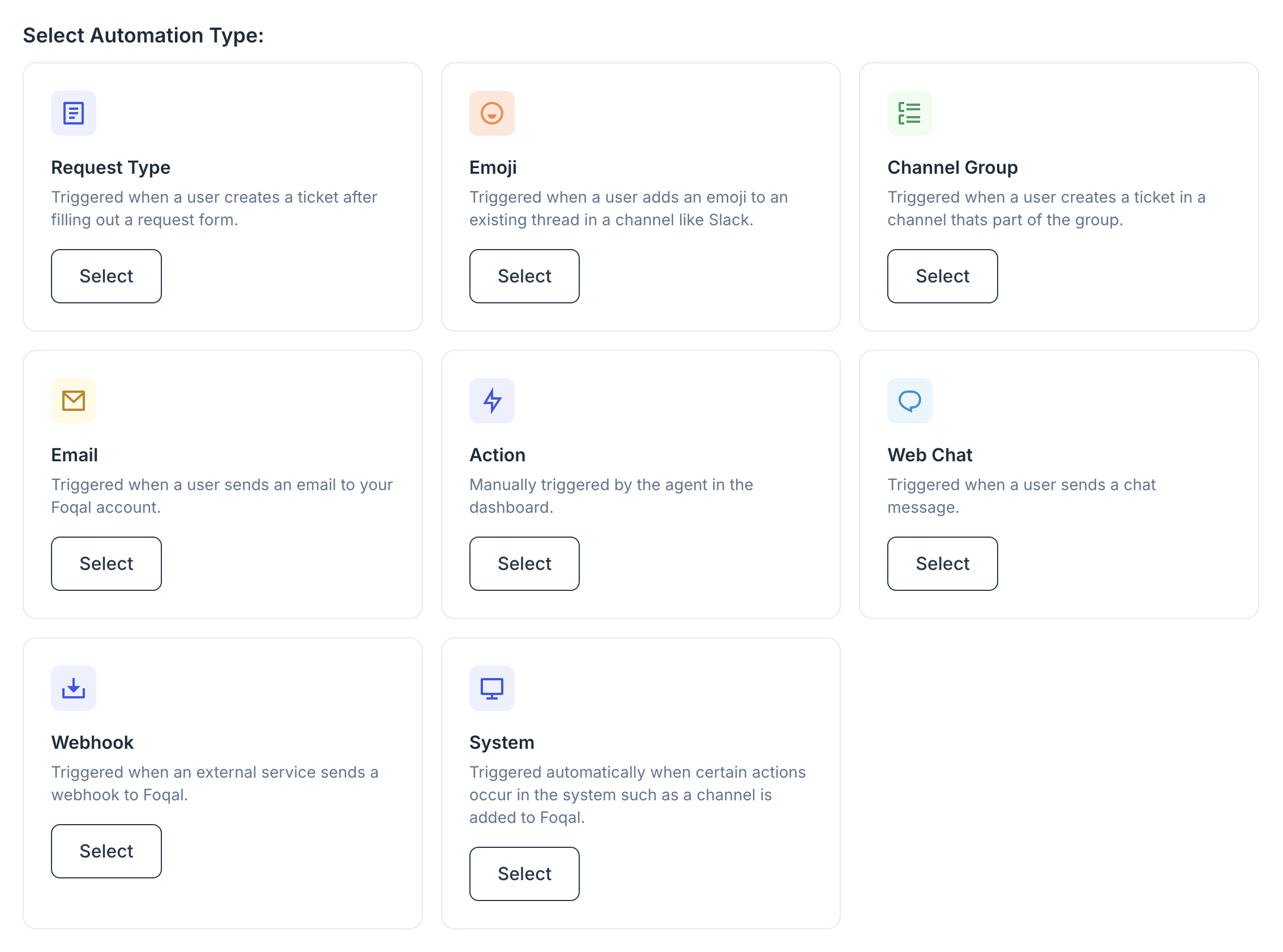 Select automation trigger type - showing options like Request Type, Emoji, Channel Group, Email, Action, Web Chat, Webhook, and System triggers