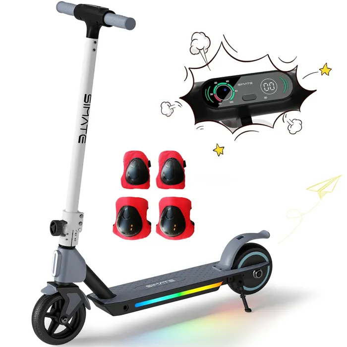 Trottinette Électrique Enfant SIMATE - 130W - 14 km/h - LED RGB - Gris/Blanc