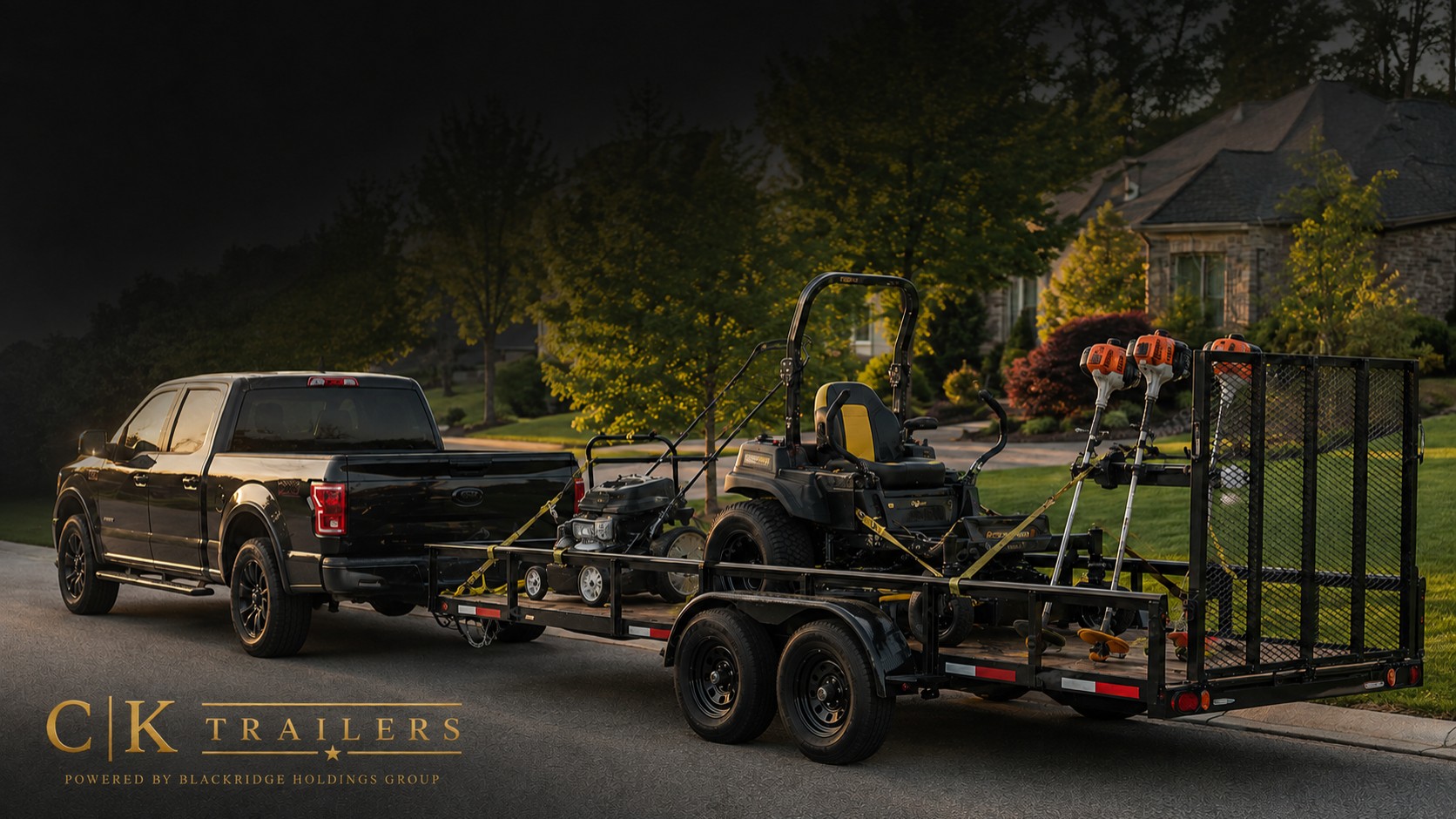 Black pickup towing a utility trailer loaded with landscaping equipment and mowers