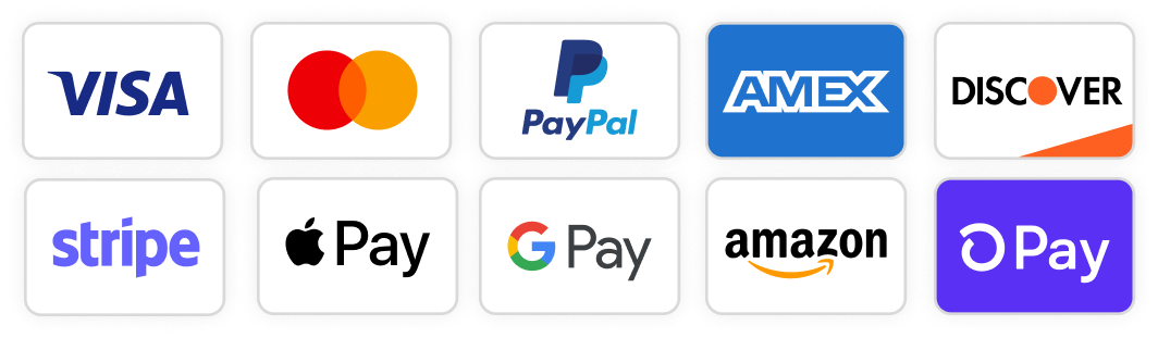 Payment methods accepted: Visa, Mastercard, PayPal, American Express, Discover, Stripe, Apple Pay, Google Pay, Amazon Pay, and Shop Pay