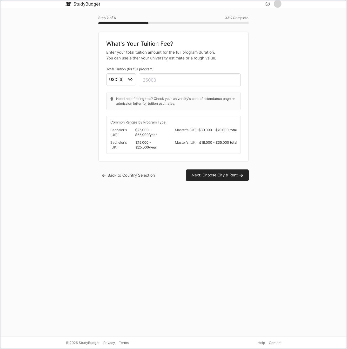 Tuition input screen with helpful program cost ranges