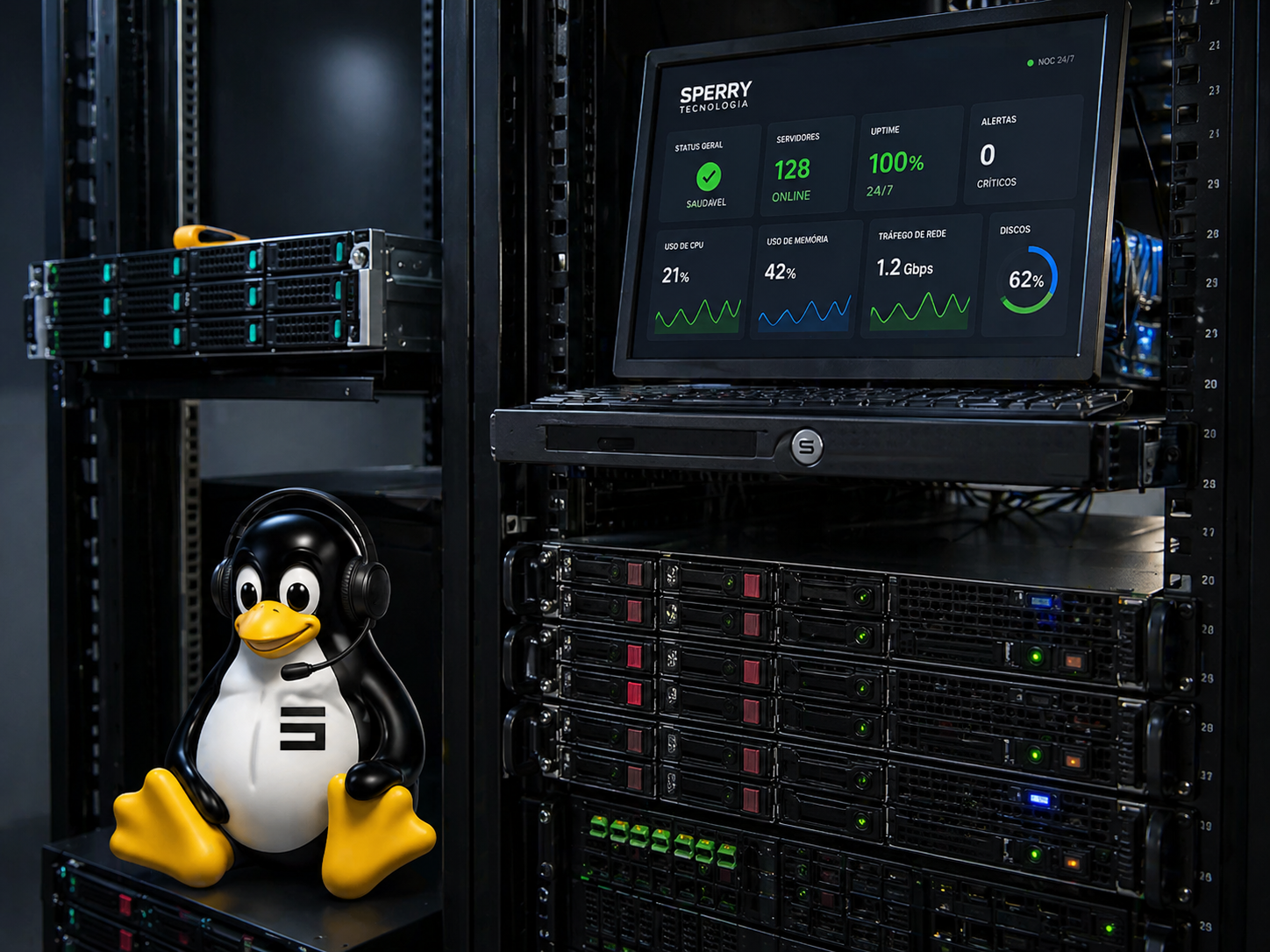 Tux mascote Sperry Tecnologia em datacenter com dashboard de monitoramento