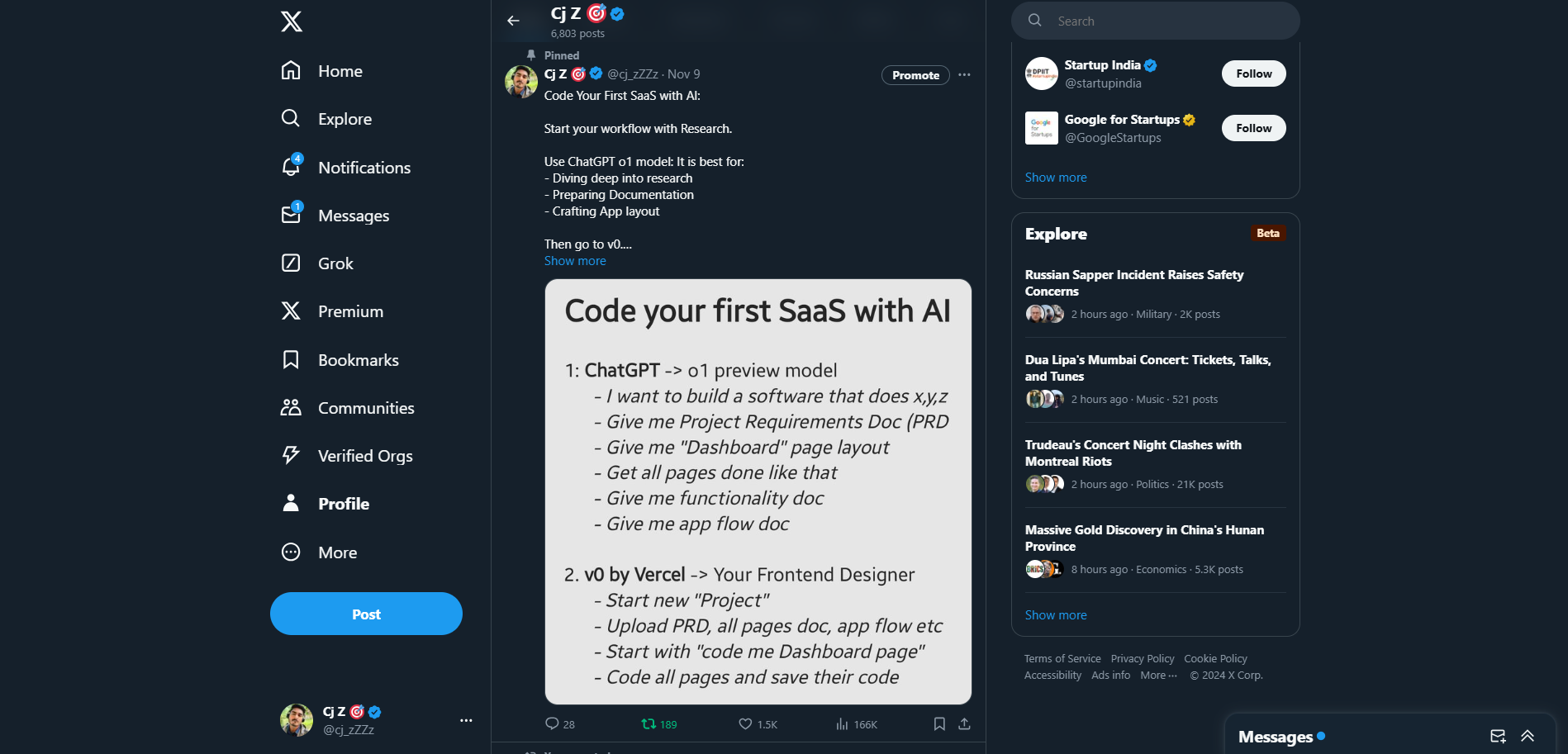 Twitter workflow showing ChatGPT and v0 integration steps